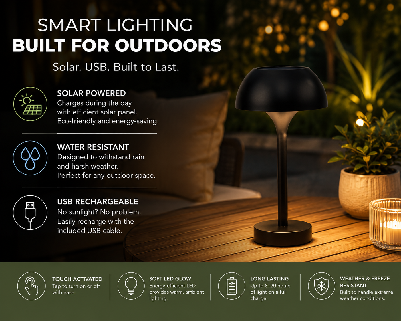 Solar Rechargeable LED Outdoor Table Lamp
